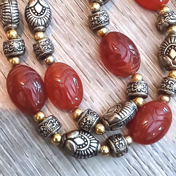 Vintage Egyptian Revival Hand Carved Double Sided Carnelian Scarabs Necklace - Picture 8 of 10